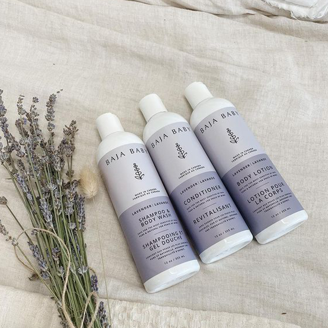 Baby Lavender Collection Three Bottles From Left To Right Shampoo Then Conditioner Then Body Lotion