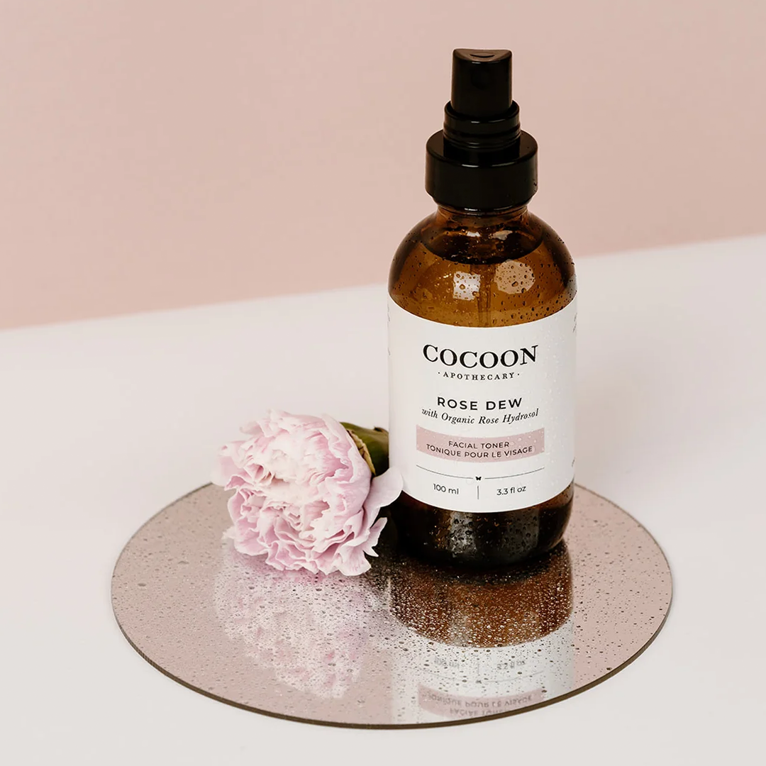 image: cocoon apothecary rose dew facial toner bottle on mirror