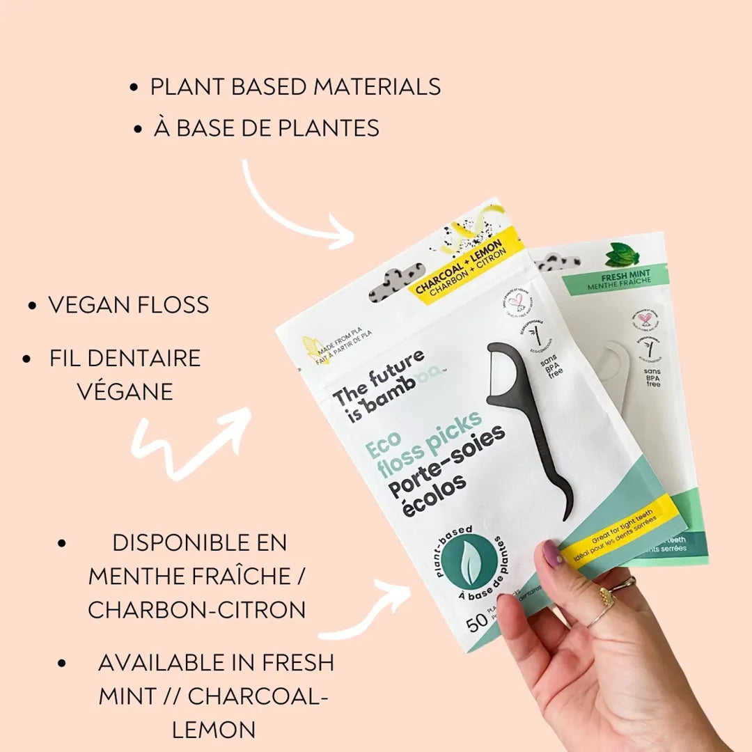 tanit eco floss picks packaging - plant based materials, vegan floss, available in fresh mint and charcoal
