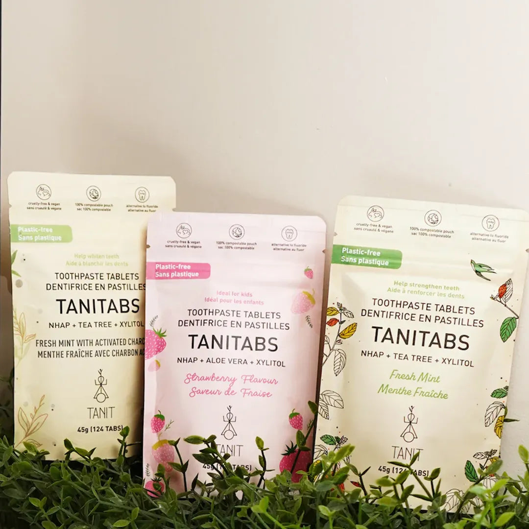 tanitabs toothpaste tablets fresh mint flavour eco friendly packaging - previewing other flavours like strawberry and fresh mint with charcoal